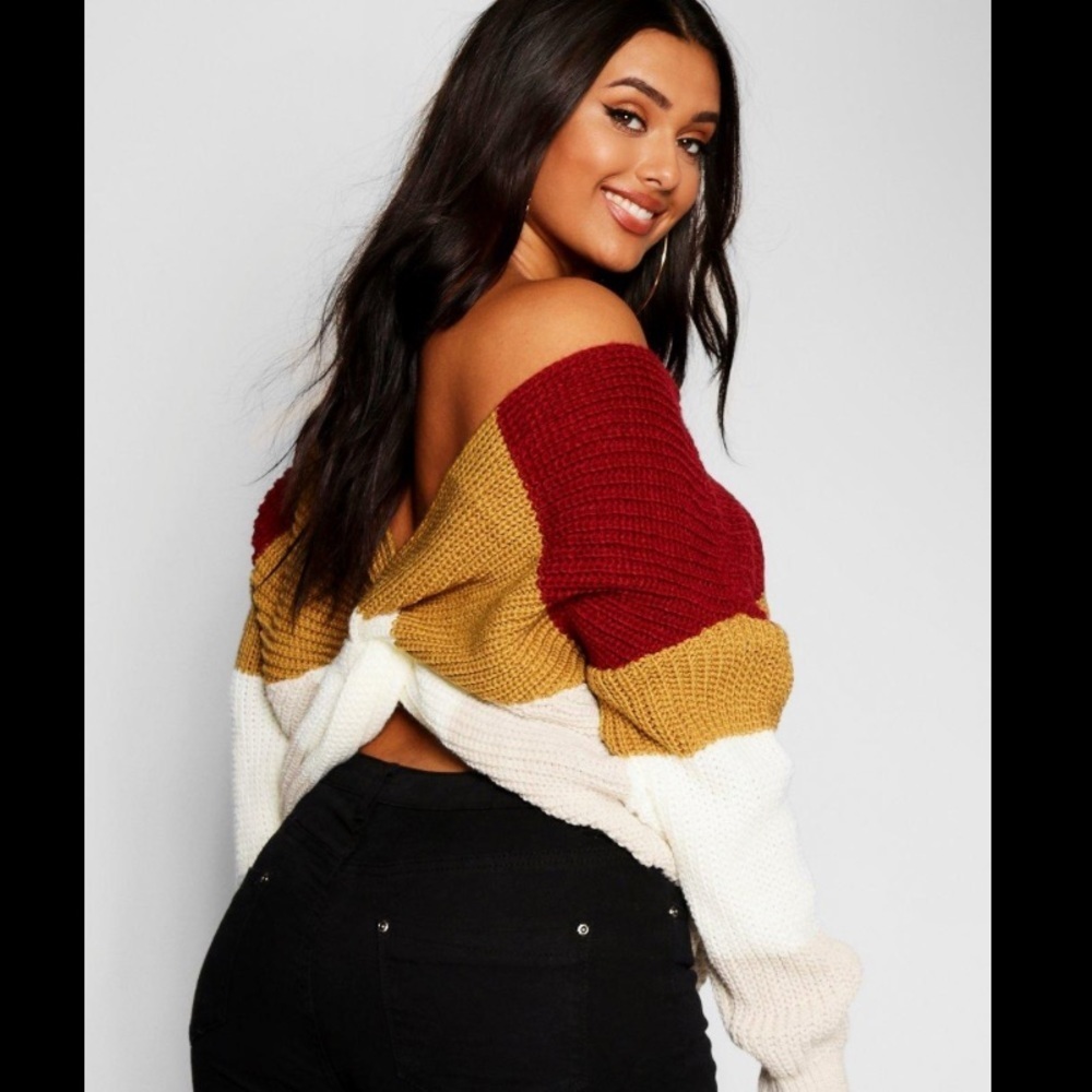 $15 Clearance BOOHOO Ivory mustard Maroon back tie Colorblock Sweater 16-18 xl